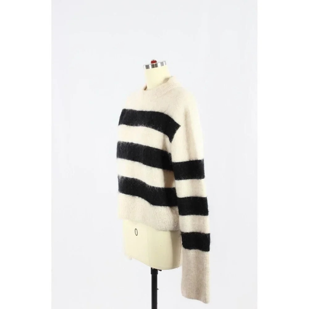 H&M White Black Striped Mohair Wool Blend Knit Crew Neck Sweater, Size M - Picture 5 of 13